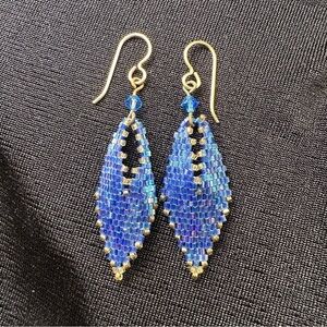 Handmade Blue Beaded Dangle Earrings Boho Leaf Design Lightweight Glass Beads